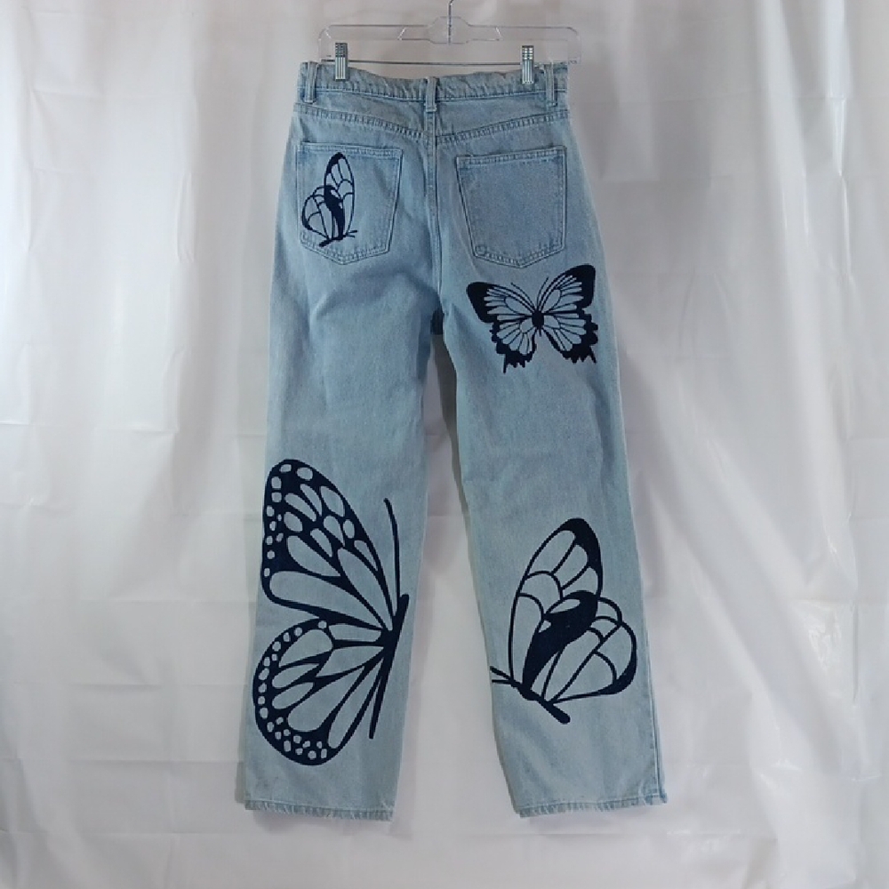 Simple Society Women's Juniors Size 7 Butterfly Print Light Wash Denim Jeans - Picture 5 of 9
